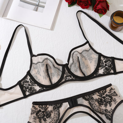 Sheer Lingerie Set - Embroidered Mesh Bra