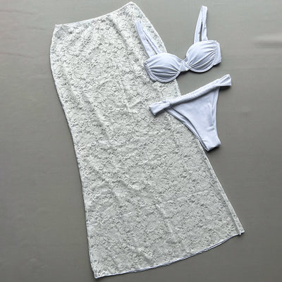 Bikini Set with Cover-Up - White Lace Three-Piece - Fashions Envy
