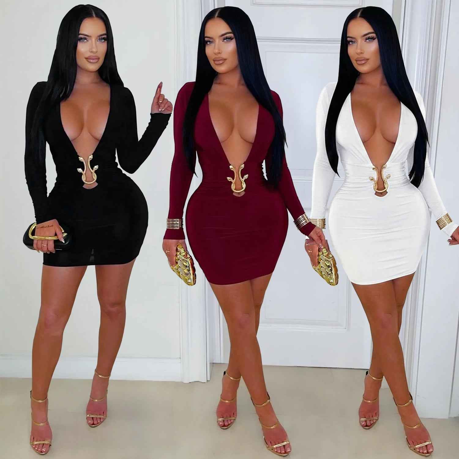 Deep V-Neck Bodycon Dress with Snake Pattern Accessories