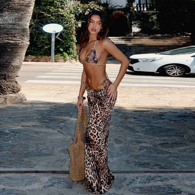 Vacation style sexy lace up three-point bikini leopard print half skirt for women