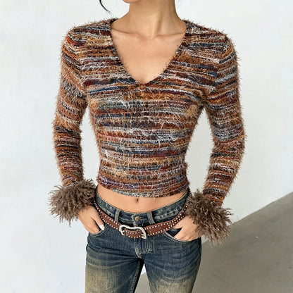 Open navel V-neck yarn dyed top for women