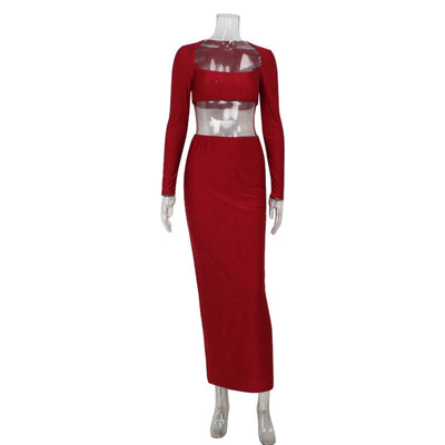 Two-Piece Skirt Set - Strapless Crop Top & Maxi Skirt