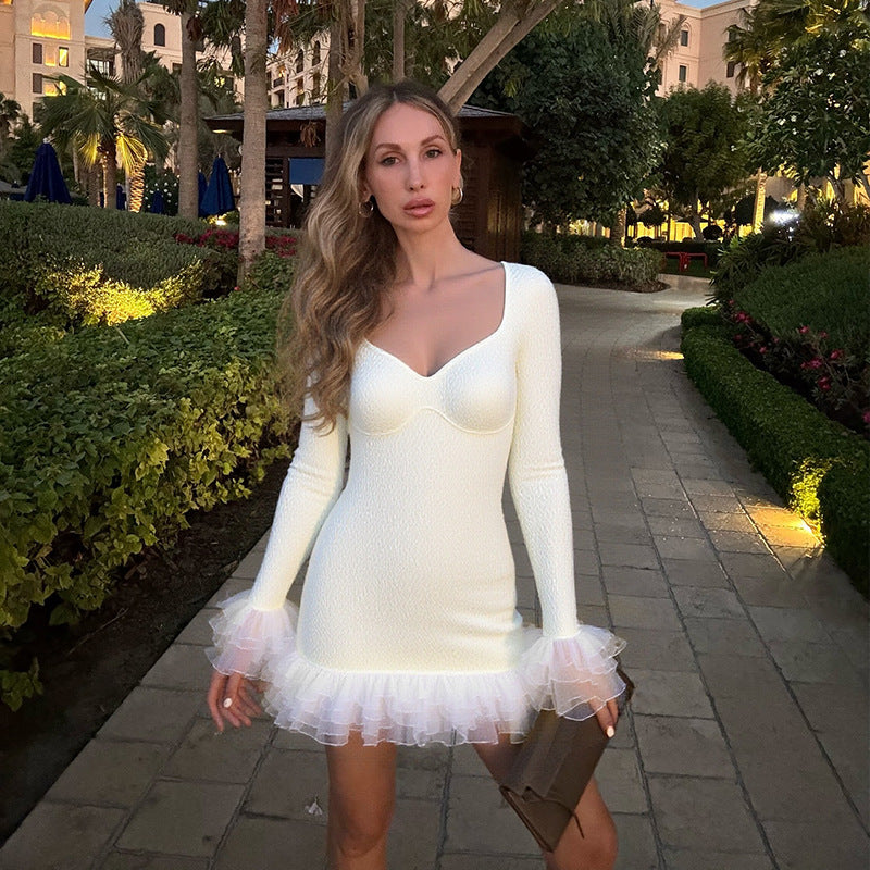 Textured Lace Midi Dress - Long Sleeve Ivory - Fashions Envy