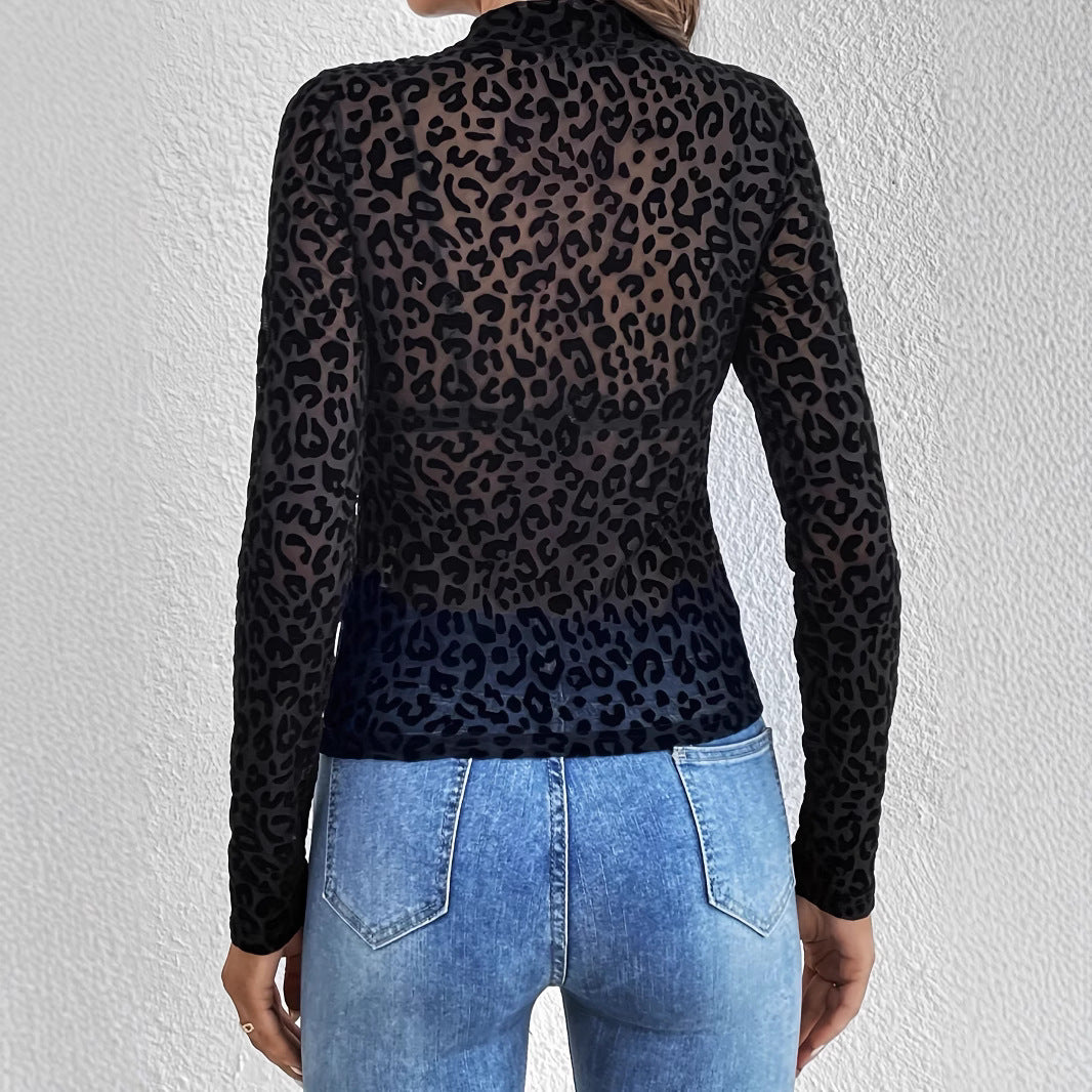 Long Sleeve Mesh Top - Stand Collar Sheer Style