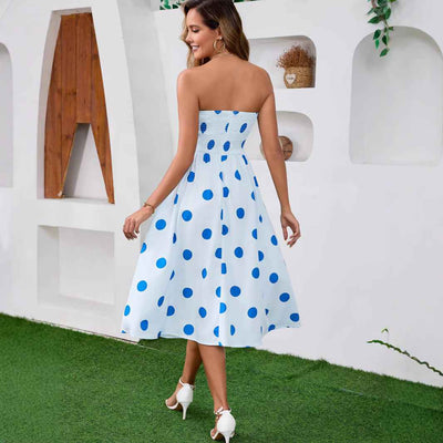 Polka Dot Midi Dress - Light Blue Strapless Tube Backless Pockets