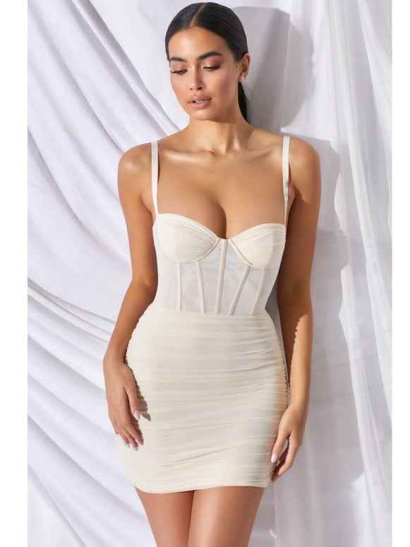Sheer Mesh Mini Dress - Ruched Spaghetti Strap Bodycon