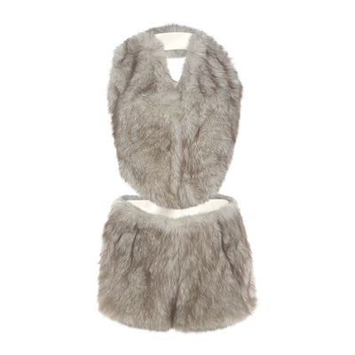 Backless Lace-Up Top and Shorts Set - Khaki Two Piece - Fashions Envy