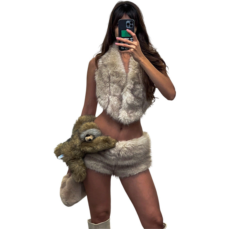 Backless Lace-Up Top and Shorts Set - Khaki Two Piece - Fashions Envy