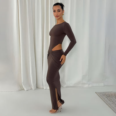 Hollow-Out Waist Maxi Dress - Long Sleeve Bodycon
