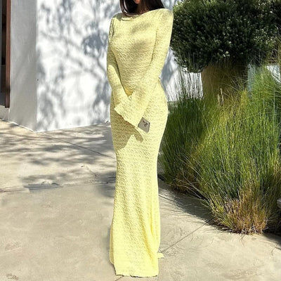 Backless Maxi Dress - Tie Detail Long Sleeve Yellow - Fashions Envy