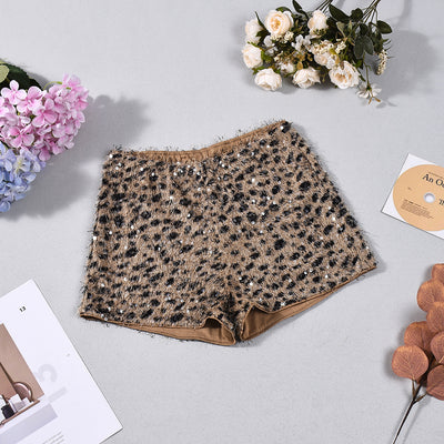 Leopard Print Sequin Shorts - Low Waist Party Style