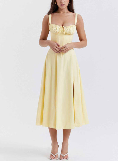 Corset Lace-Up Back Midi Dress - Wide Strap Side Slit