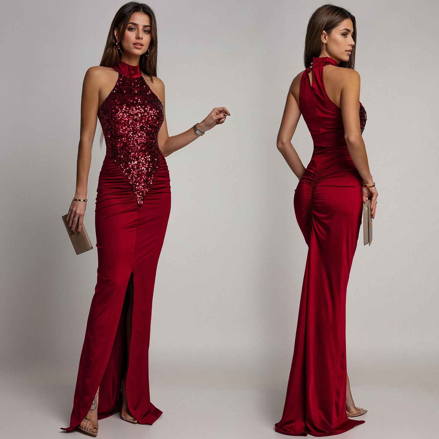 Sequin Velvet Split Maxi Dress - Bodycon Prom Gown