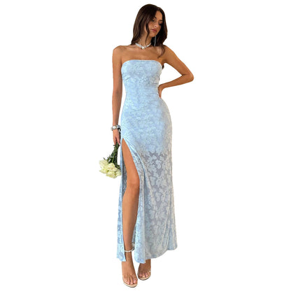 Strapless Backless Maxi Dress - Burnt Floral Blue - Fashions Envy