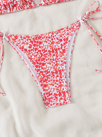 Floral Triangle Bikini - Lace Up Front Tie Bottoms Set