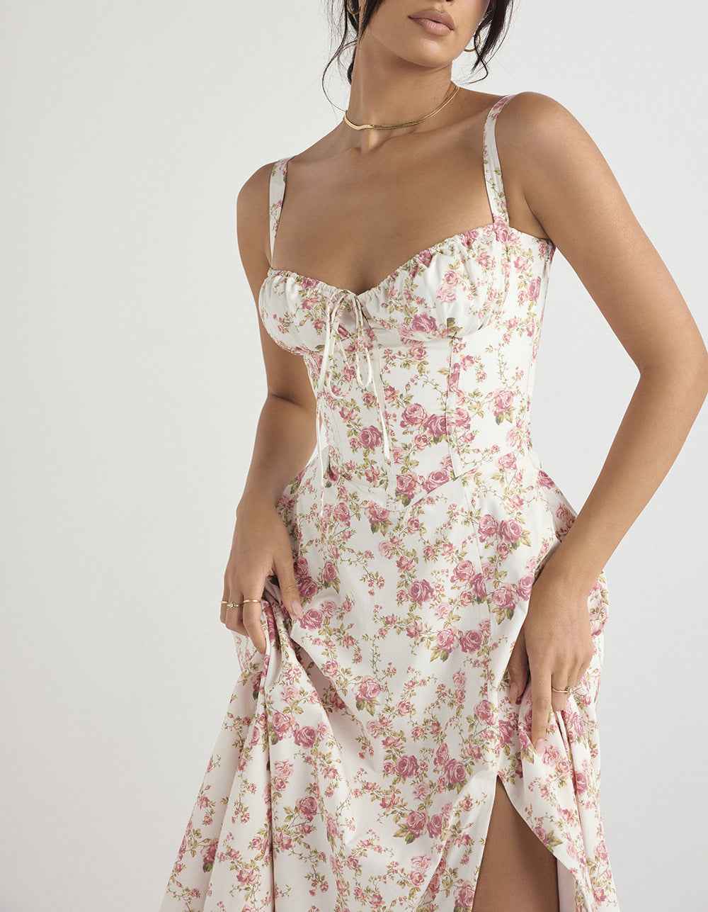 Corset Lace-Up Back Midi Dress - Wide Strap Side Slit