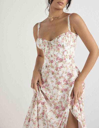 Corset Lace-Up Back Midi Dress - Wide Strap Side Slit