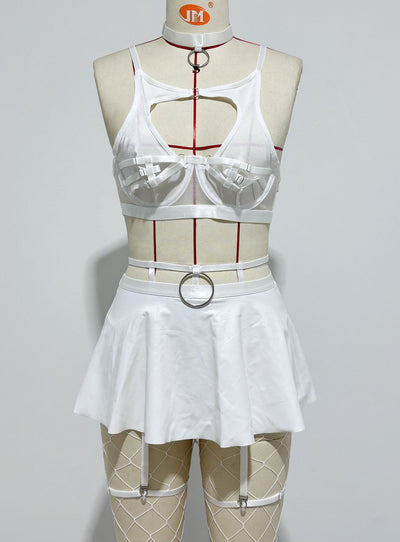 Lingerie Skirt Set - Lace Bra with Fishnet Stockings - Fashions Envy