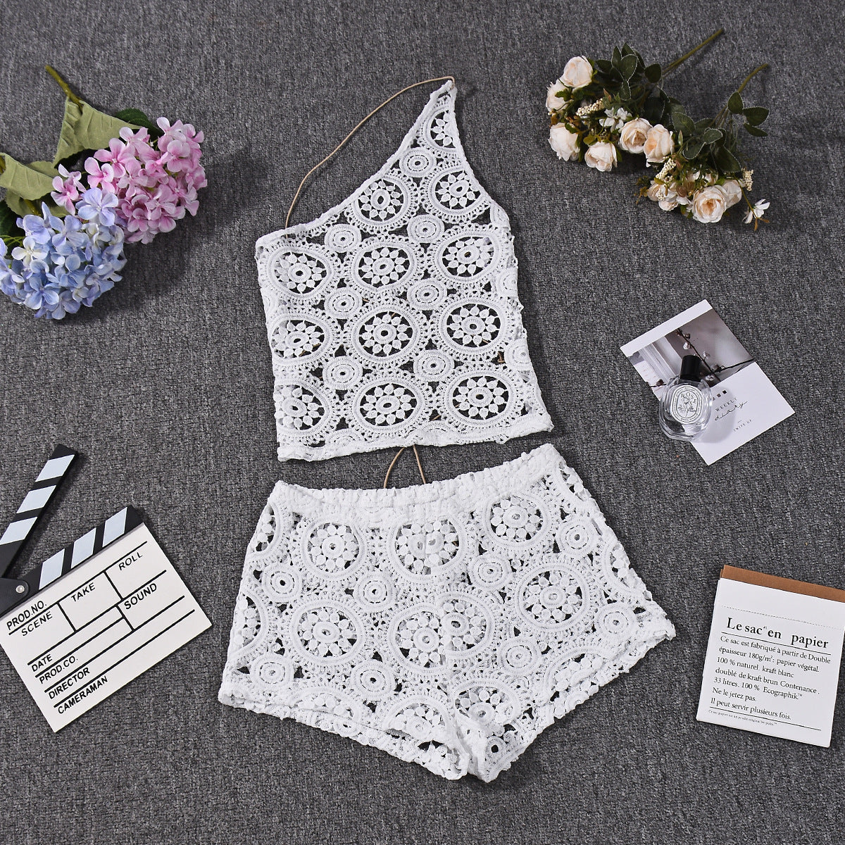 White Lace Crop Top and Shorts Set - Backless Party Outfit