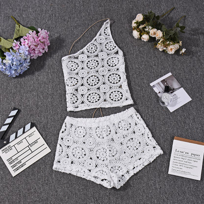 White Lace Crop Top and Shorts Set - Backless Party Outfit