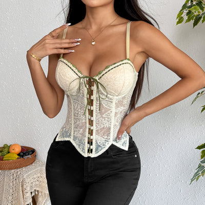 Sweetheart Solid Color Embroidered Strap Zipper Irregular Fitted Sheer Camisole