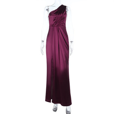 Satin Evening Dress - Formal Slit One Shoulder - Fashions Envy