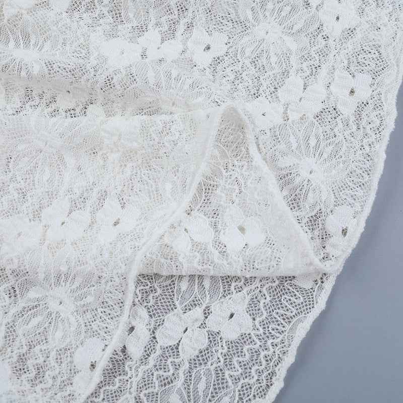 Lace See-Through Mini Dress - Long Sleeve V-Neck Apricot