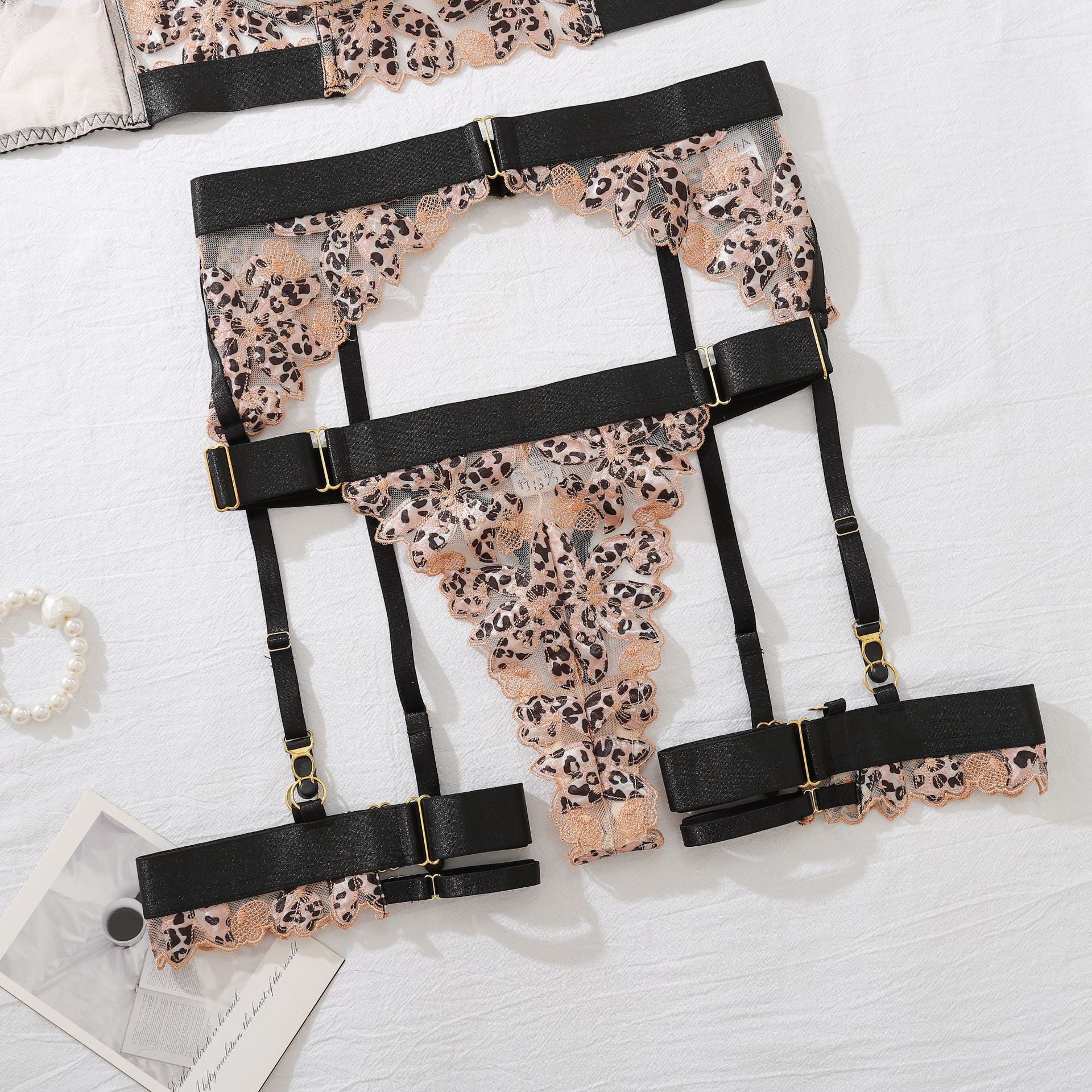 Leopard Print Lingerie Set - Five Piece Embroidered