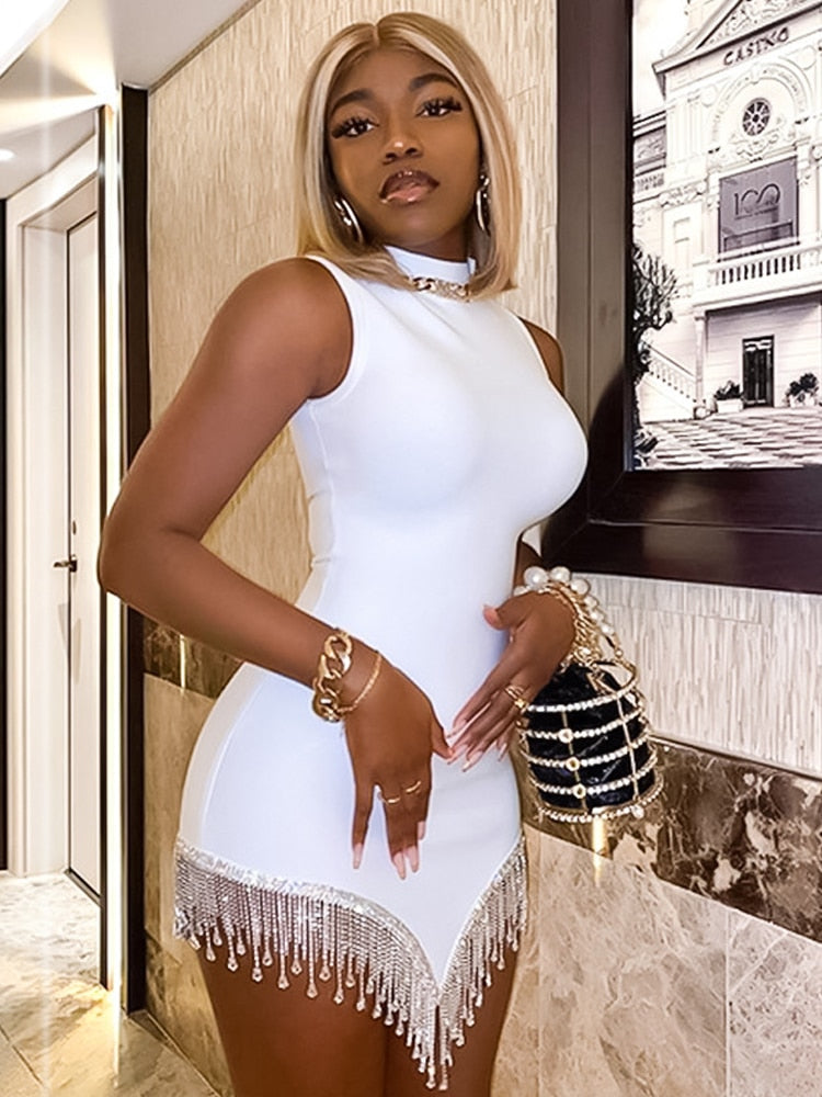 White Bodycon Prom Mini Dress - Irregular Tassel Gown