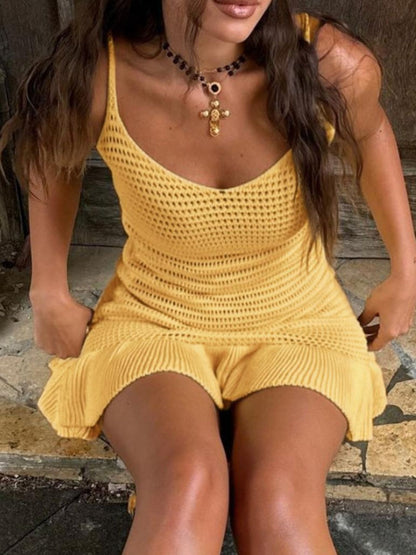Ruffled Hem Openwork Yellow Sweater Dress