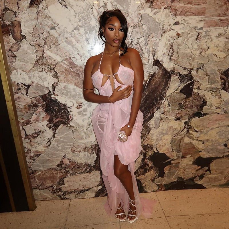 Sleeveless Cut-out Maxi Dress - Mesh Sheer Low-Cut Halter