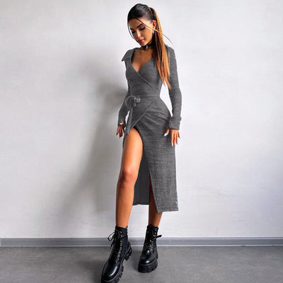 Bodycon Dress - Long Sleeve Tie Waist Split - Fashions Envy