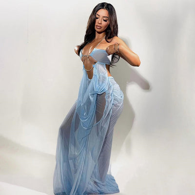 Sleeveless Cut-out Maxi Dress - Mesh Sheer Low-Cut Halter