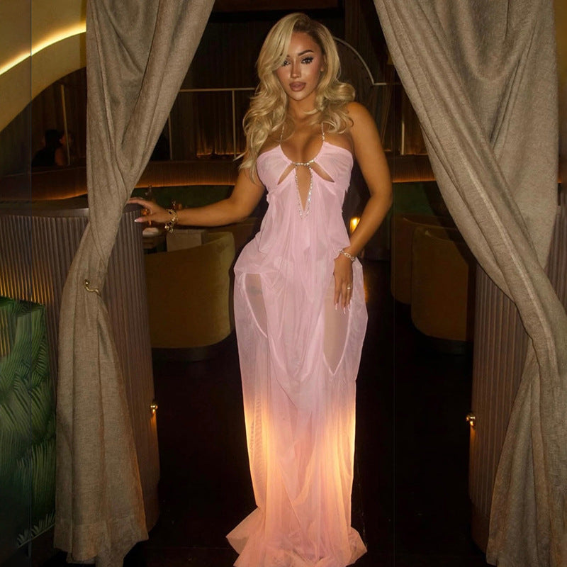 Sleeveless Cut-out Maxi Dress - Mesh Sheer Low-Cut Halter
