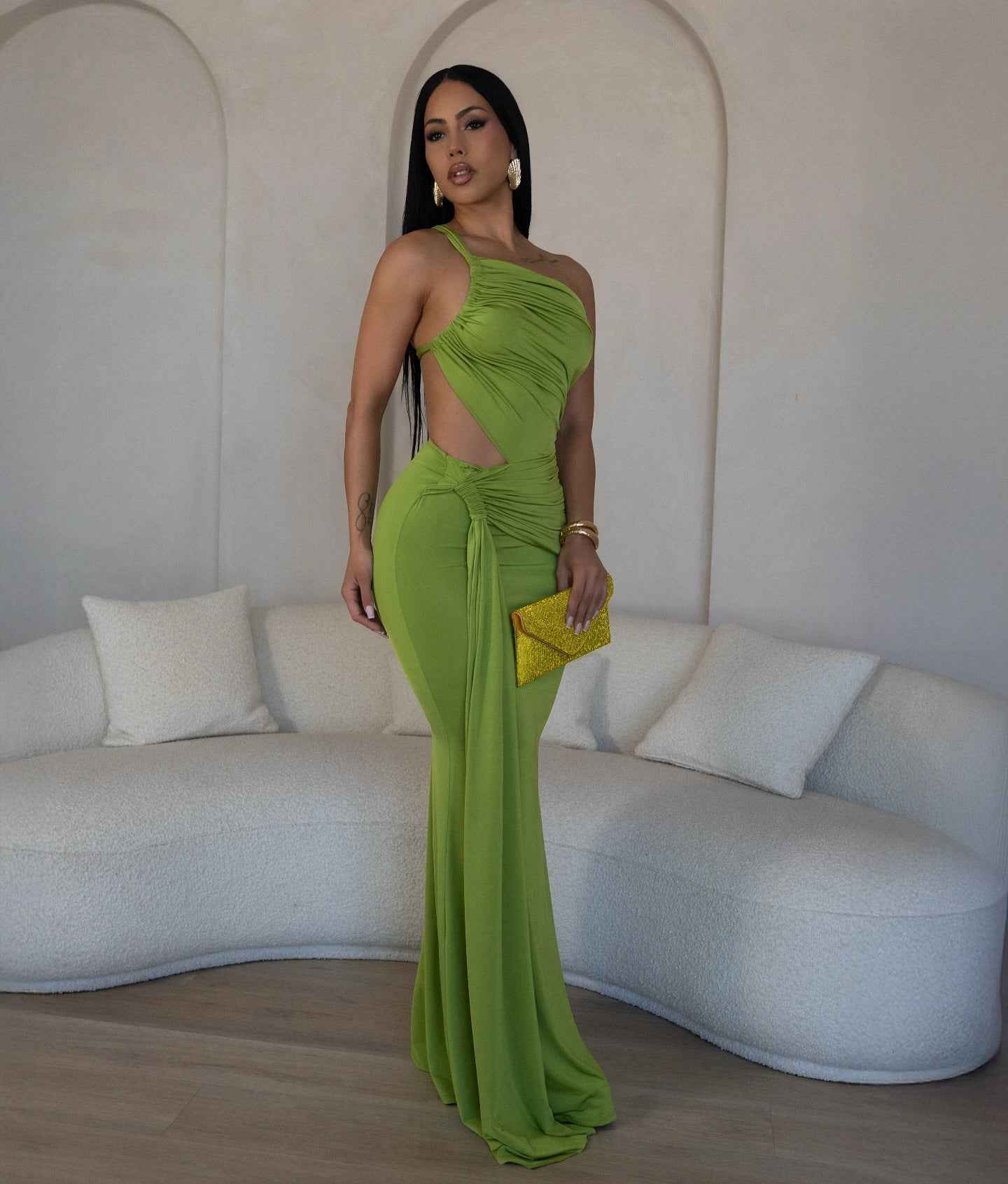 One Shoulder Cutout Maxi Dress - Pleated Bodycon Fit