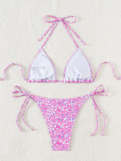 Floral Triangle Bikini - Lace Up Front Tie Bottoms Set