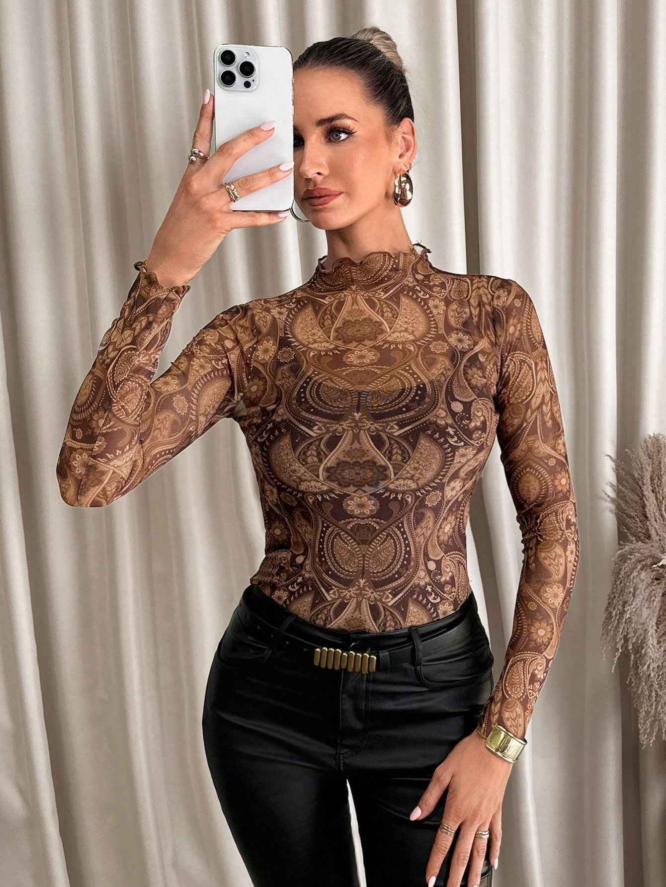 Small Stand-up Collar Blouse - Long Sleeve Mesh Top