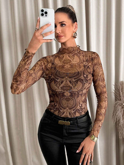 Small Stand-up Collar Blouse - Long Sleeve Mesh Top
