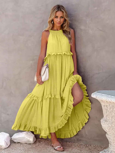 Smocked Tiered Ruffle Maxi Dress - Sleeveless with Pockets