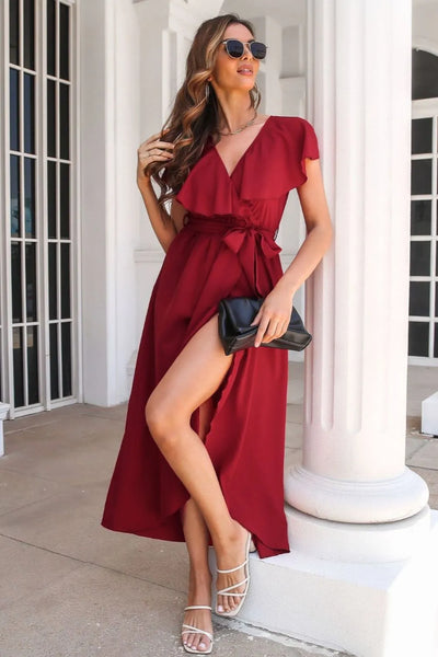 Tied Front Midi Dress - Ruffle Short Sleeve Slit Hem