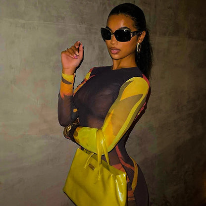 Mesh Maxi Dress - Sheer Long Sleeve Bodycon Dress