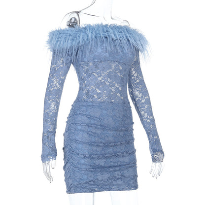 Off Shoulder Lace Dress - Blue Bodycon Mini - Fashions Envy
