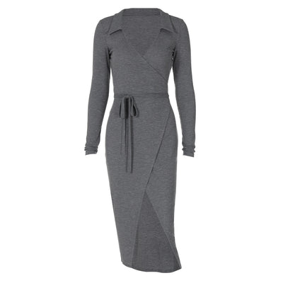 Bodycon Dress - Long Sleeve Tie Waist Split - Fashions Envy