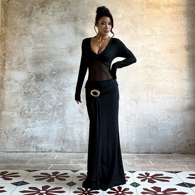 Black Mesh Maxi Dress - Long Sleeve V-Neck Evening Gown - Fashions Envy