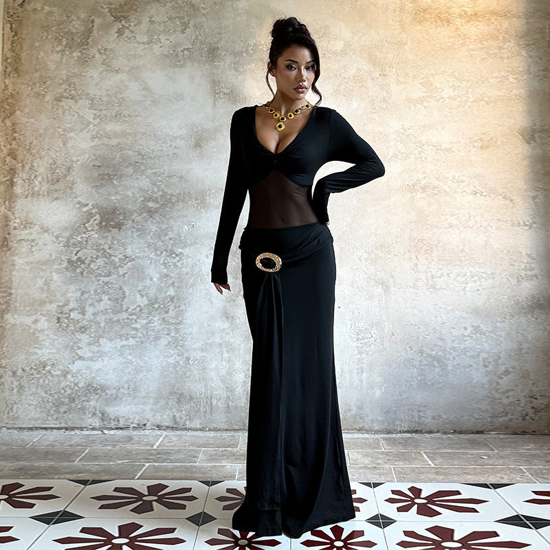 Black Mesh Maxi Dress - Long Sleeve V-Neck Evening Gown