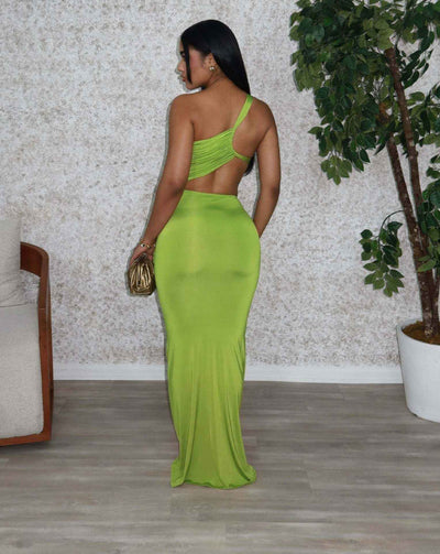 One Shoulder Cutout Maxi Dress - Pleated Bodycon Fit