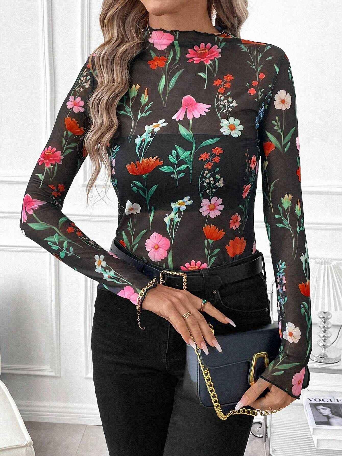 Small Stand-up Collar Blouse - Long Sleeve Mesh Top