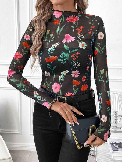 Small Stand-up Collar Blouse - Long Sleeve Mesh Top