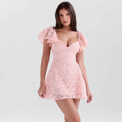 Pink V-Neck Mini Dress - A-Line High Waist Sleeveless