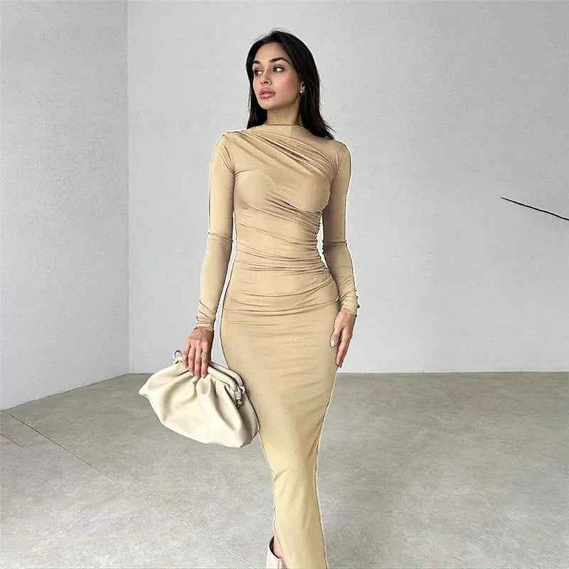 Pleated Maxi Dress - Bodycon Fitted Long Sleeve Elegant